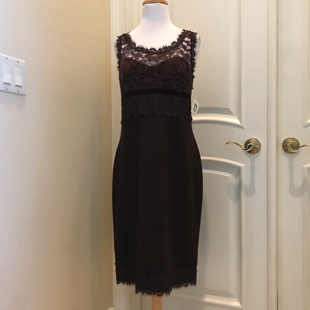 NWT Anne Klein brown party dress , lace bodice , with velvet bow back